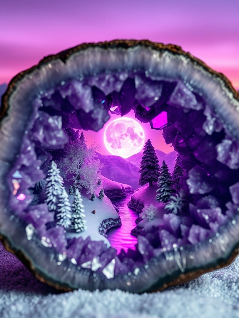 Crystal Geode Macro Photography with Dreamlike Winter Scene