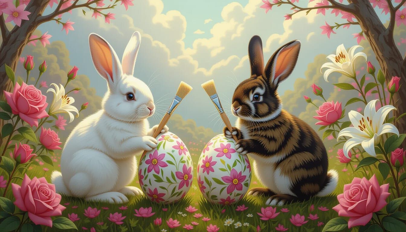 Rabbits and Chicks Decorating Easter Eggs