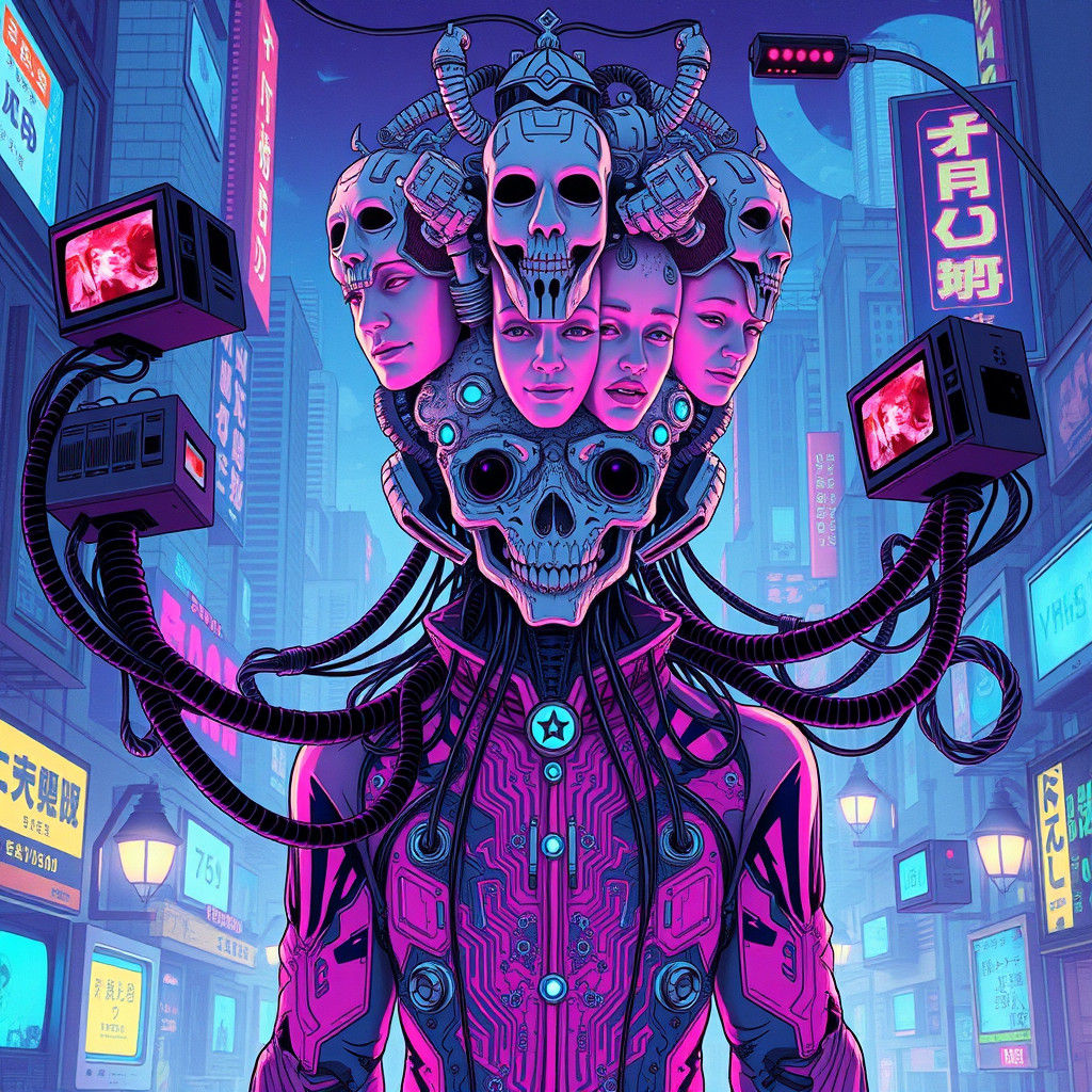 Cybernetic Entity in Retro Anime Synthwave Cityscape
