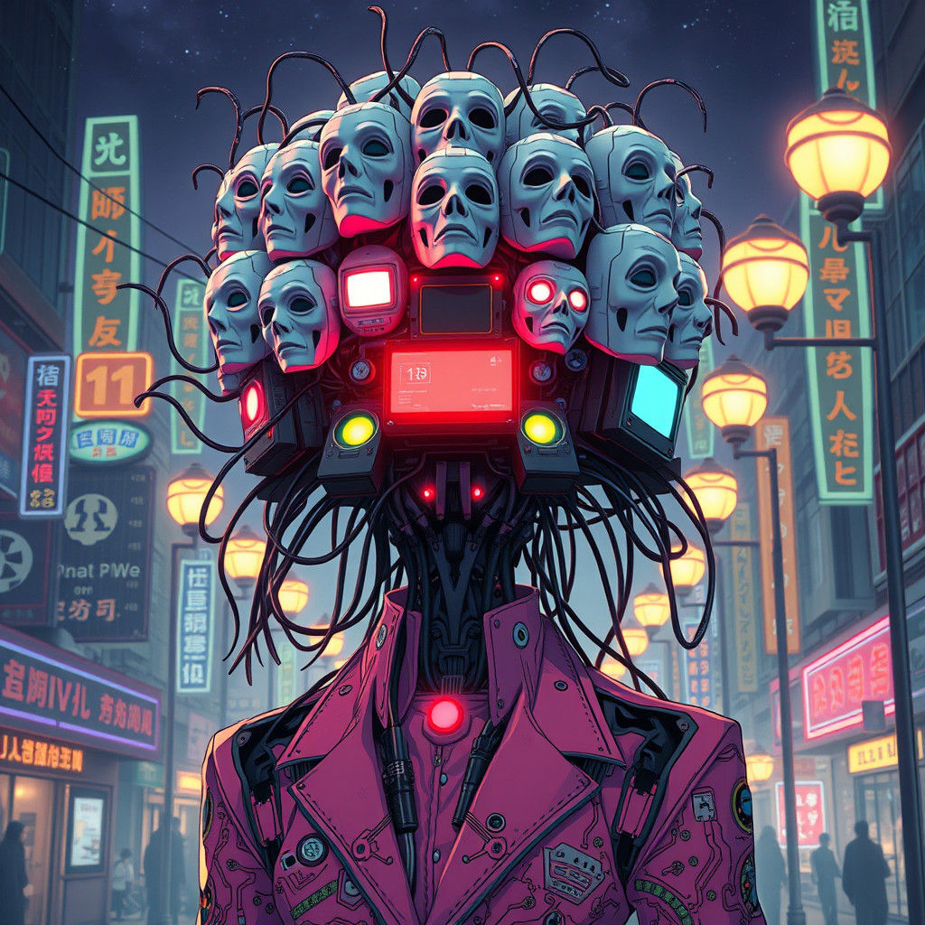 Retro Anime Cybernetic Entity in Dystopian Cityscape