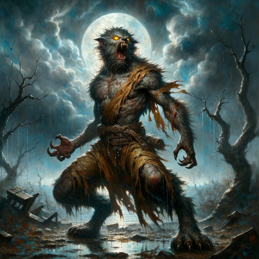 Gothic Horror Werewolf in Stormy Moonlight