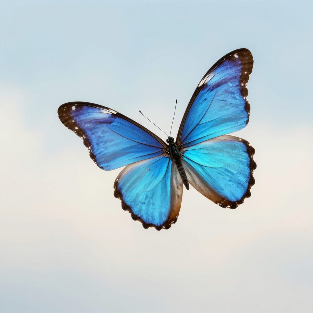 Vibrant Blue Butterfly in Soft Pastel Sky
