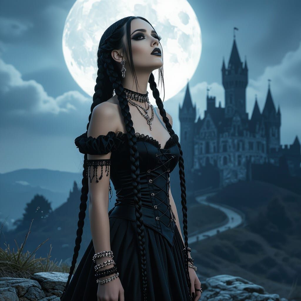 Gothic Beauty Under Moonlight with Brooding Castle