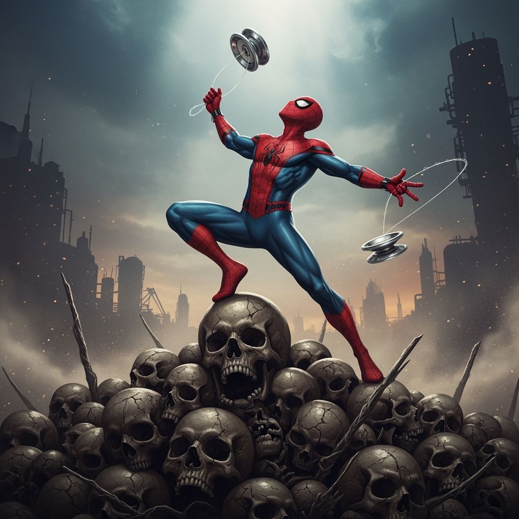 Victorious Spiderman with Yoyos in Dark Comic Style