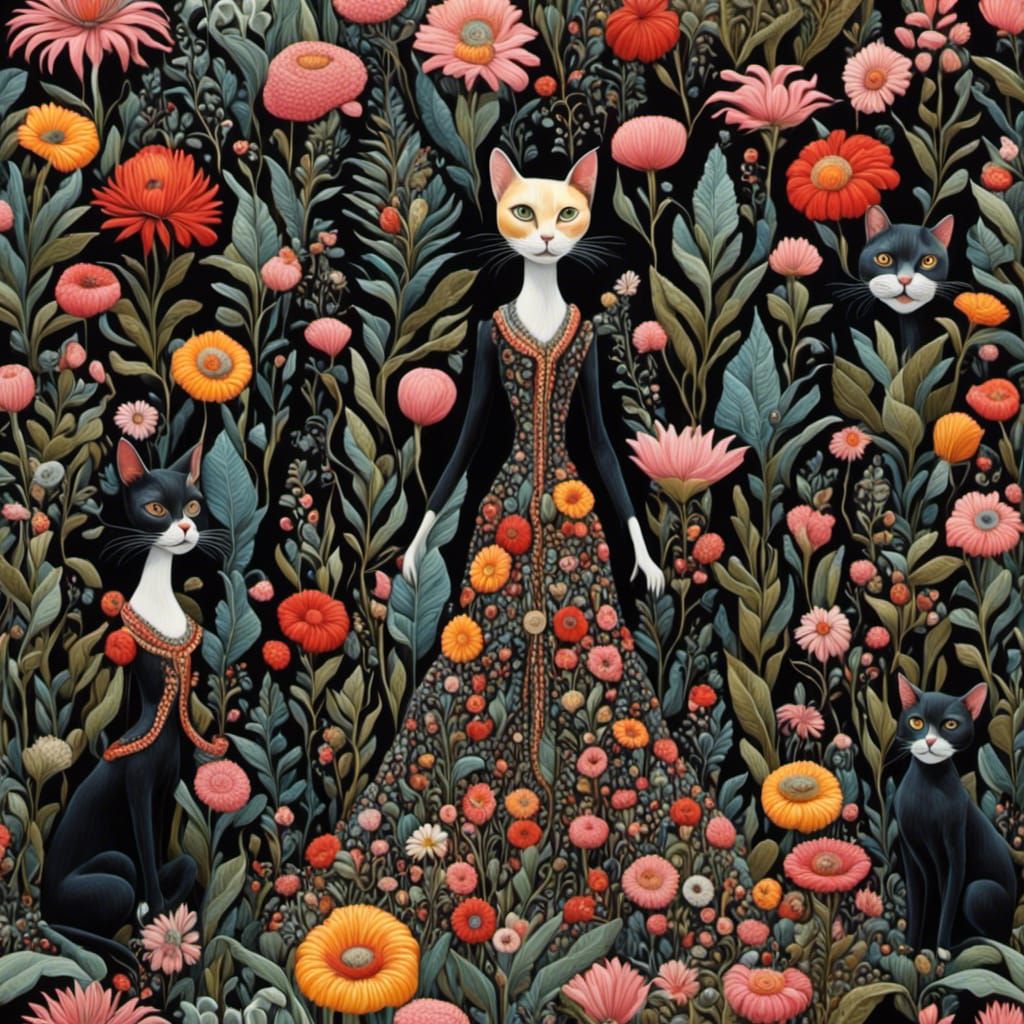 Whimsical Cats Dancing in Exotic Floral Garden