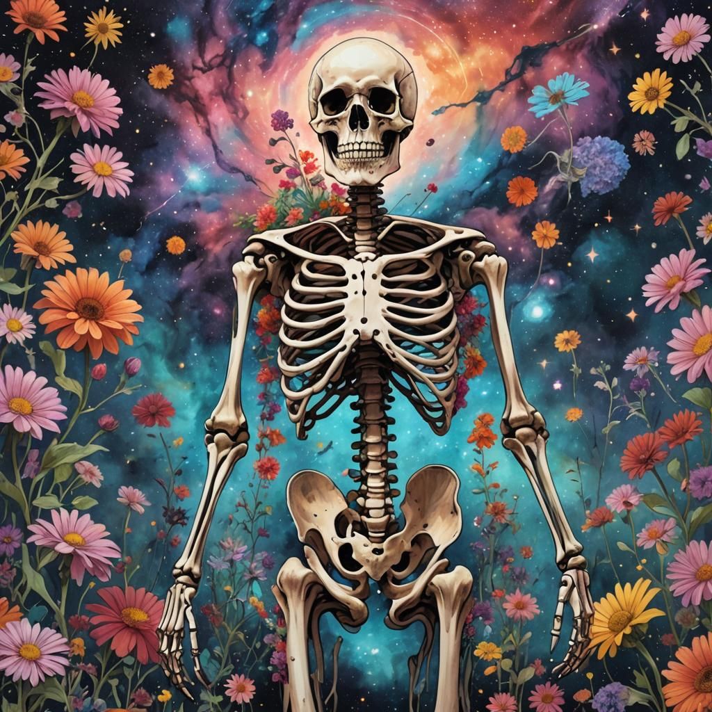 Skeleton Surrounded by Flowers and Galaxy Nebula