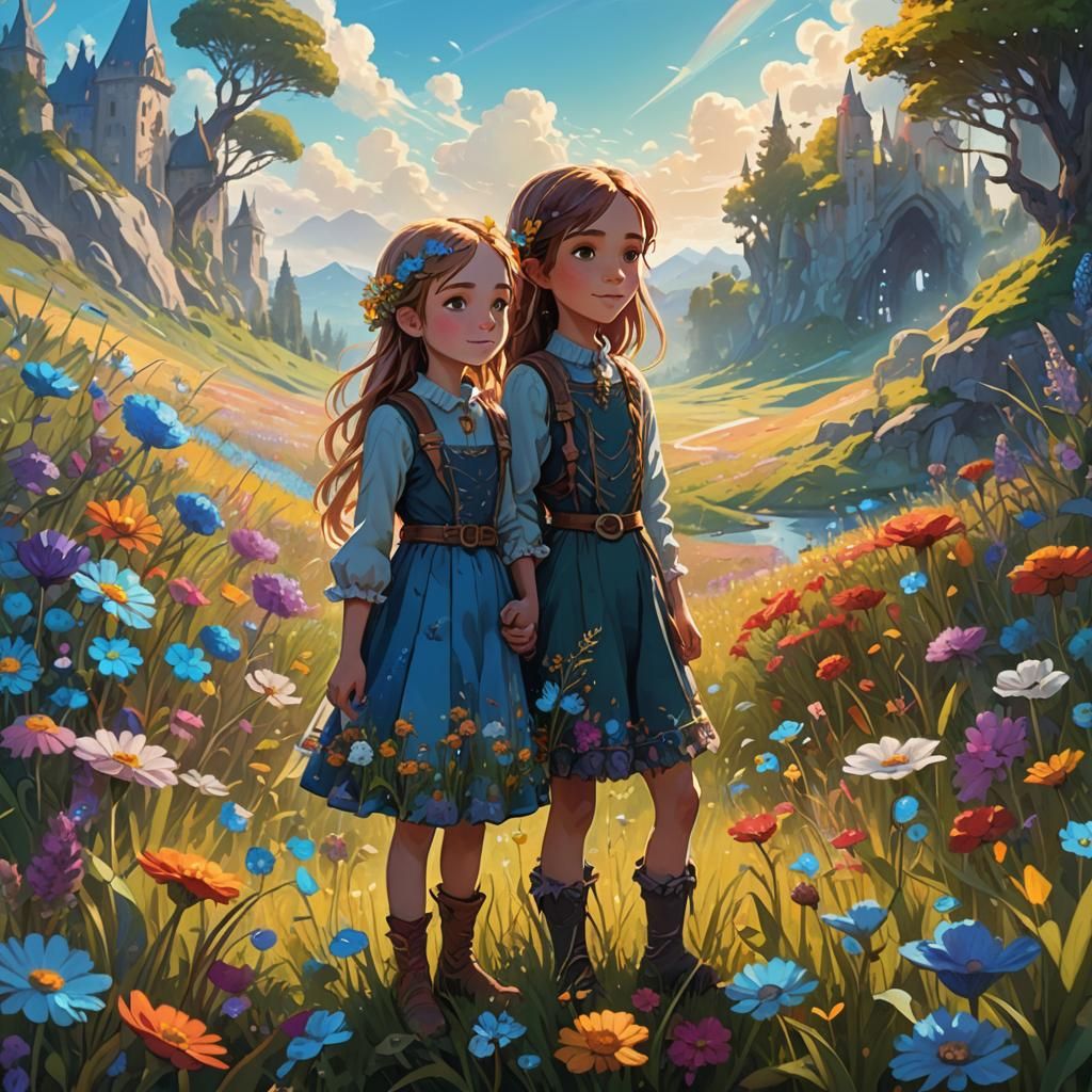Fantasy Art: Girl and Creature in Meadow