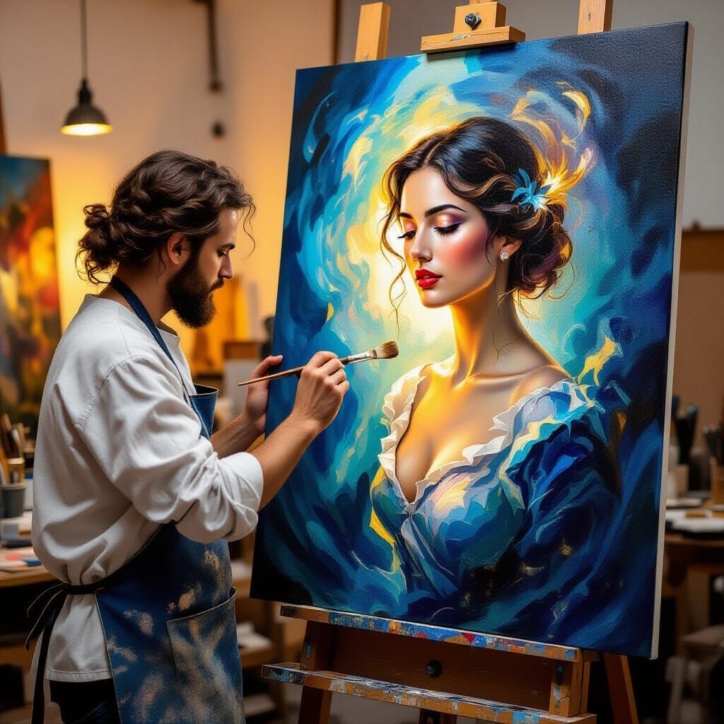 Surrealist Painter Captures Woman Emerging from Canvas
