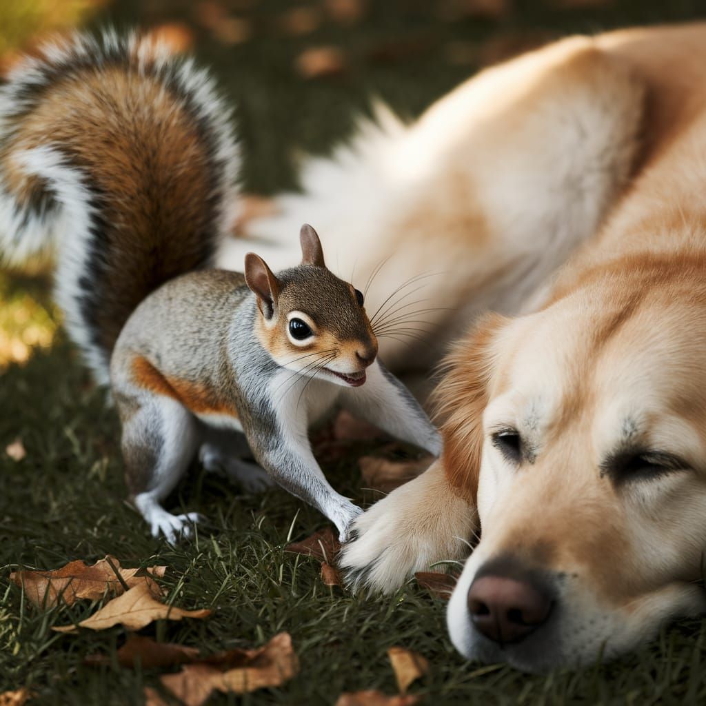 Squirrel's Mischief: A Sleeping Golden Retriever