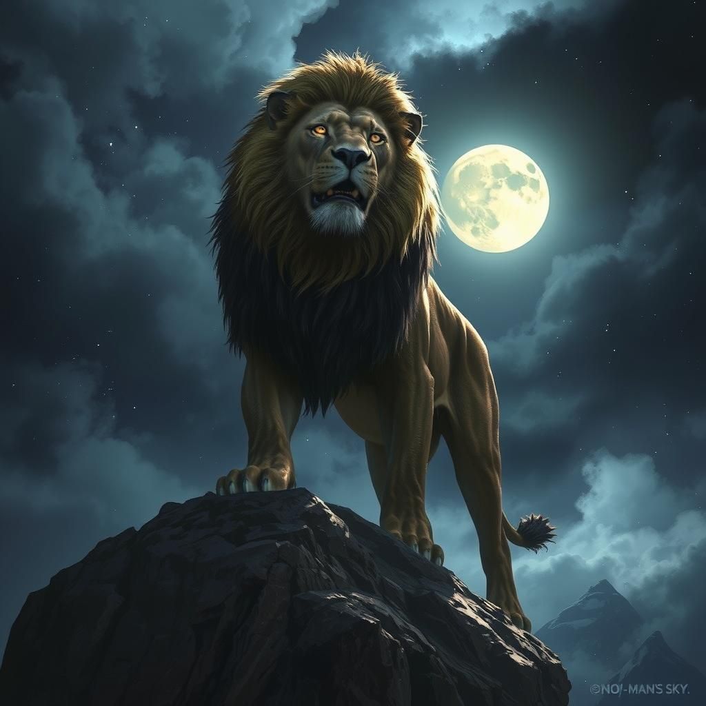 Majestic Lion on Moonlit Cliff in Dramatic Style