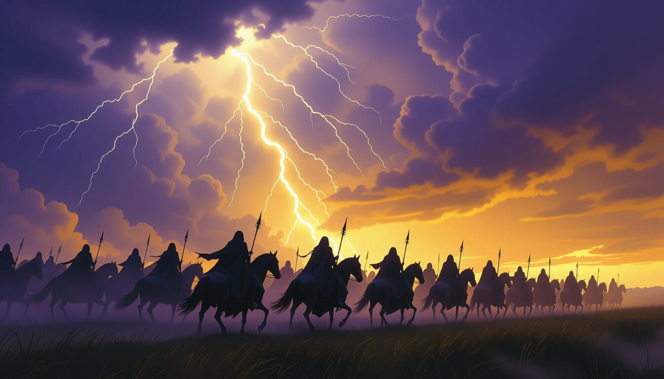 Wild Hunt Procession in Thunderstorm, Dark Fantasy Concept A...