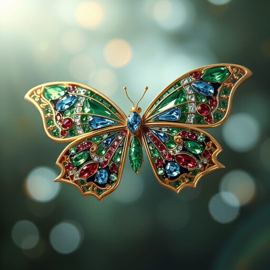 Ornate Jeweled Butterfly in Flight with Bokeh Lights