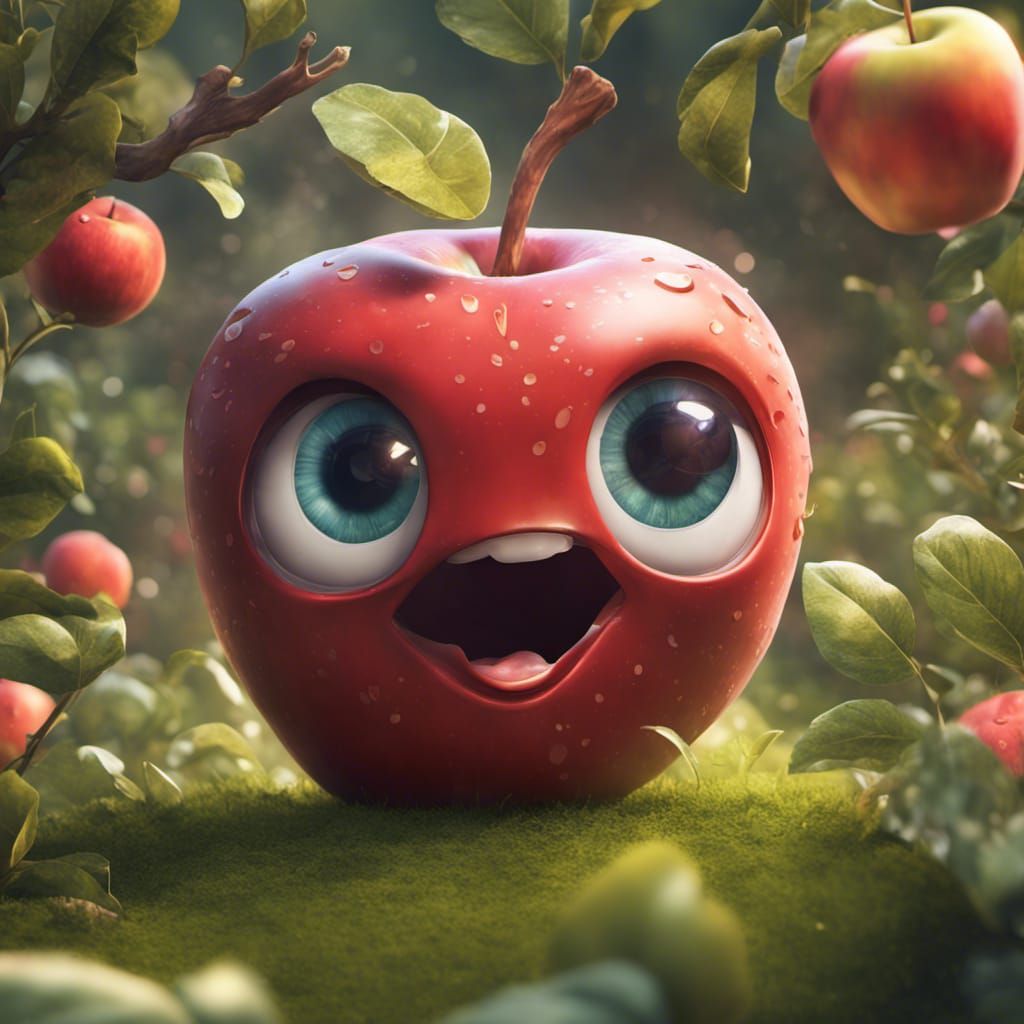 Cute Happy Apple in Garden: Minimalist Matte Painting