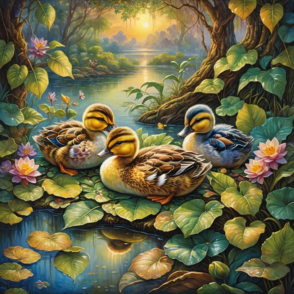 Josephine Wall Style Oil Painting of Sleeping Baby Ducks