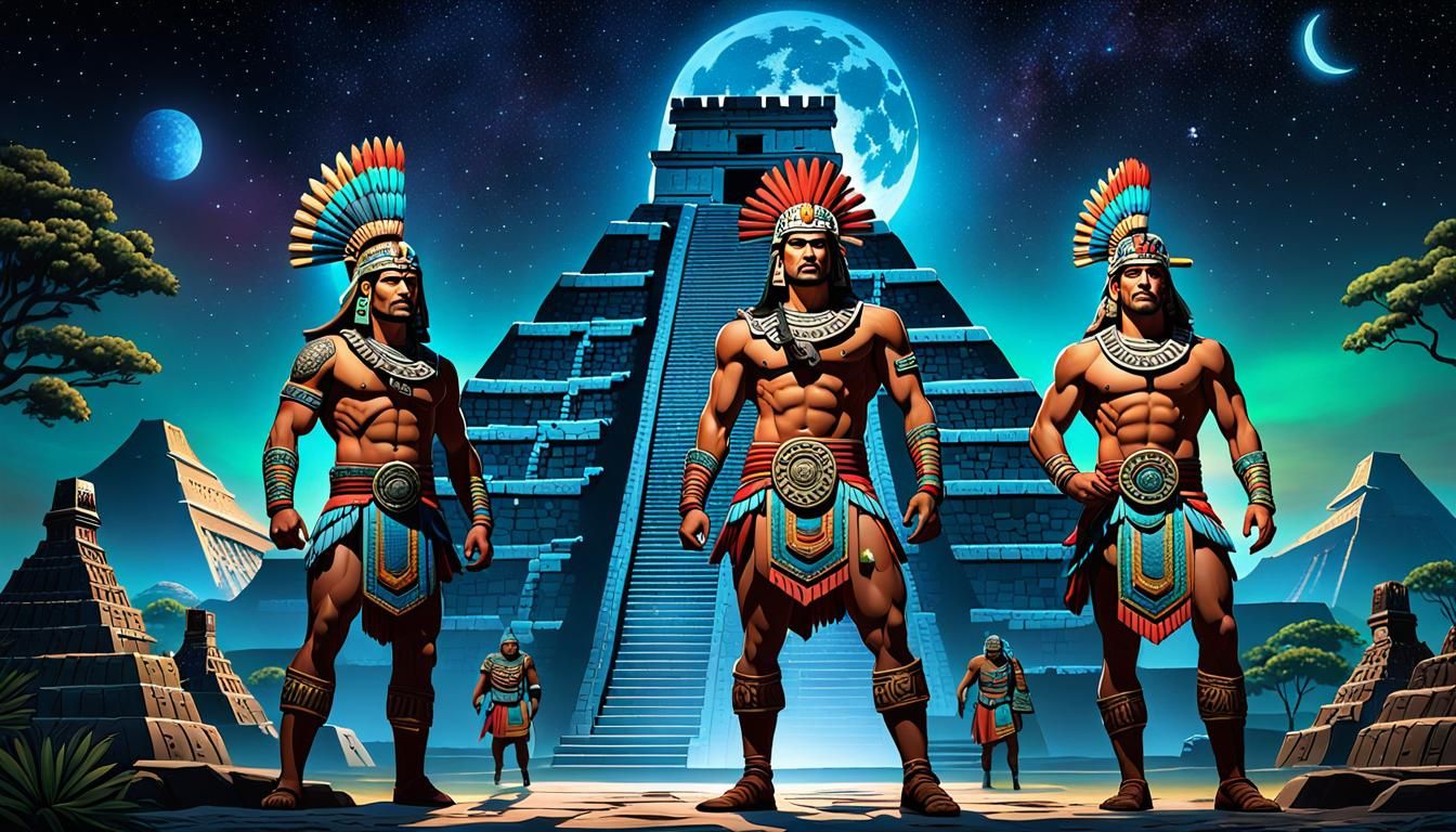 Aztec Warriors at Kukulcán Temple Under Cosmic Sky