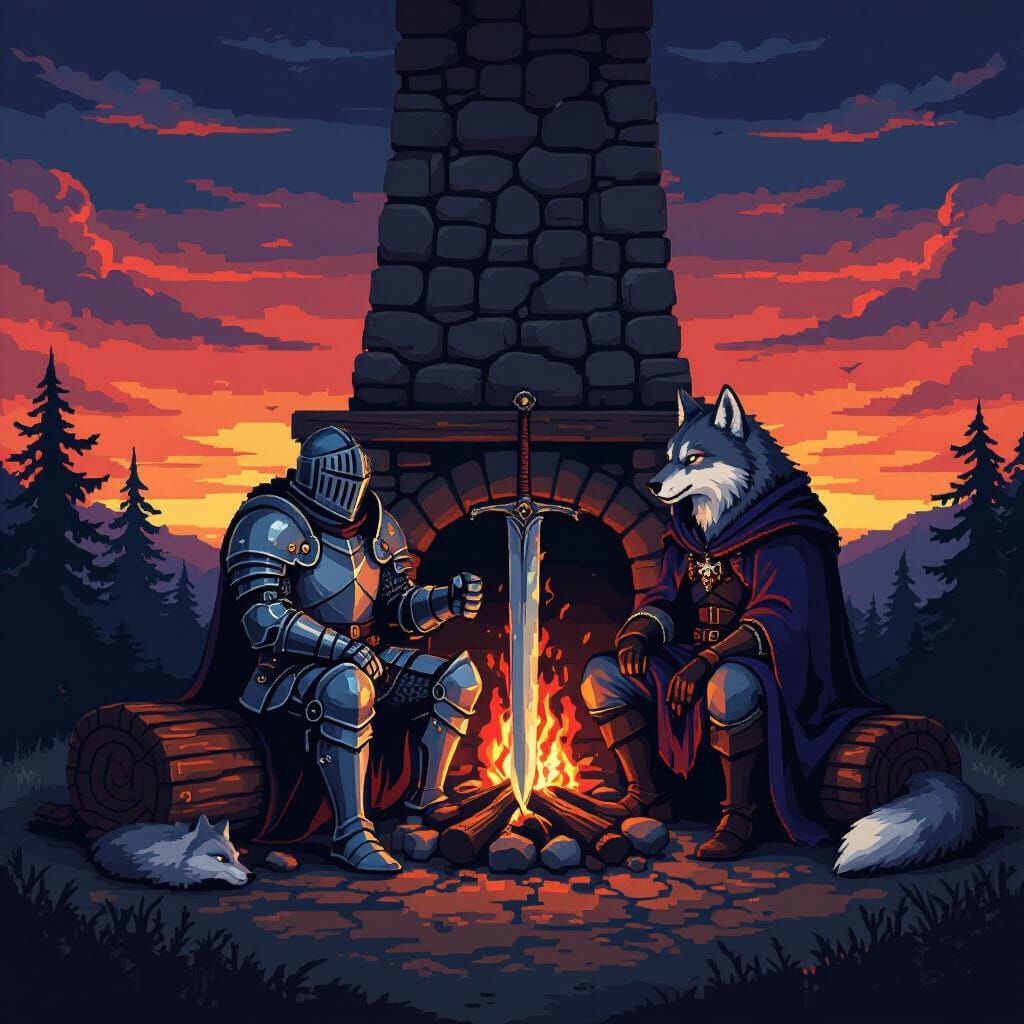 Pixel Art Knight and Wizard Campfire Scene