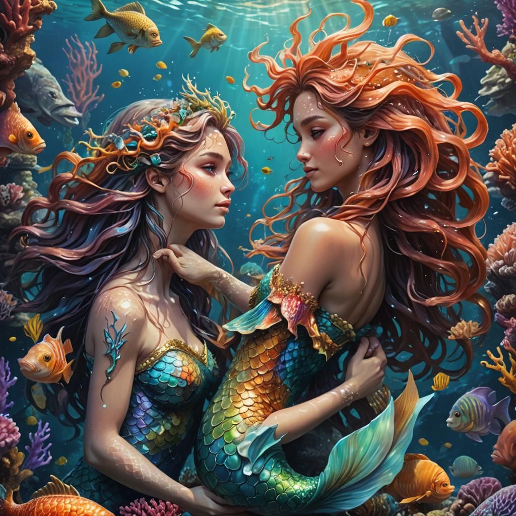 Hyperrealistic Mermaids Embracing Under the Sea