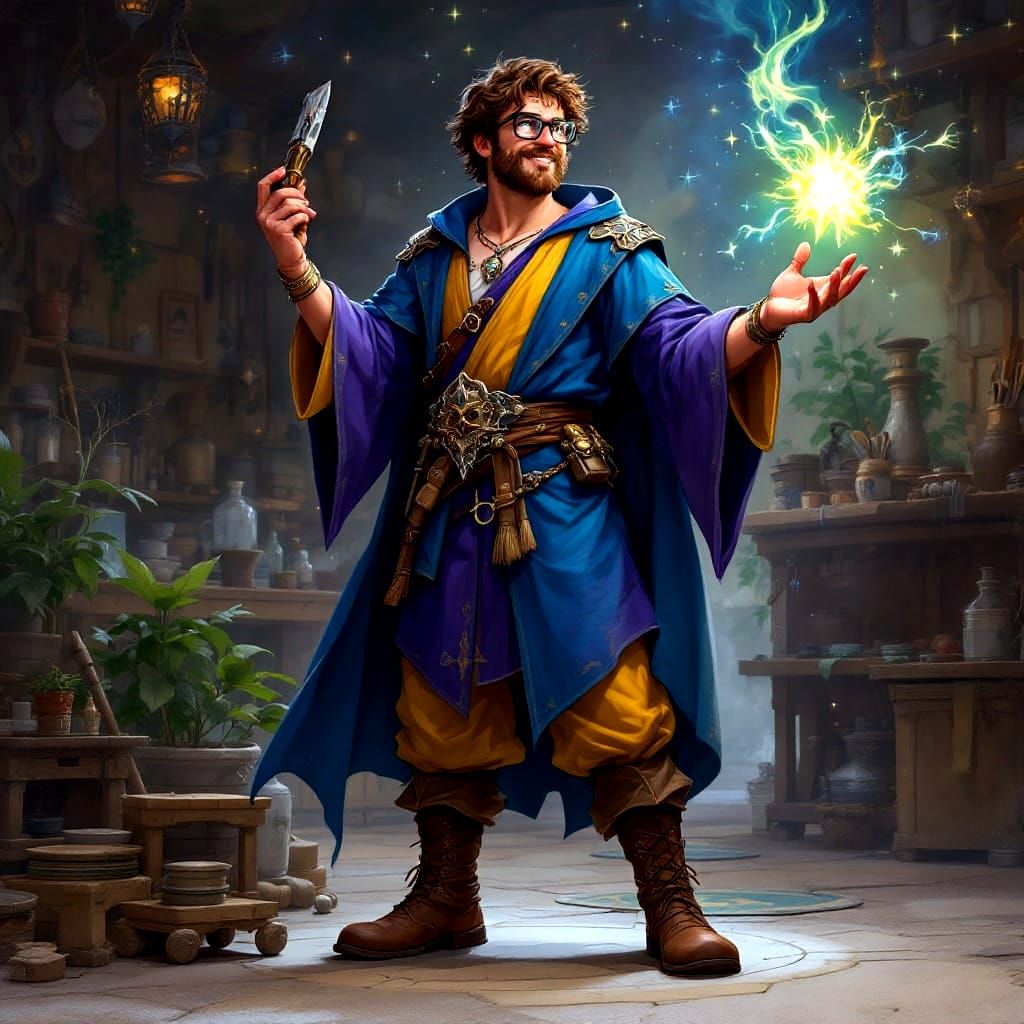 Inquisitive Artificer in Vibrant Robes, Surrounded by Celest...