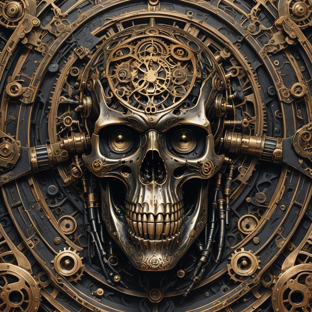 Steampunk Skull with Gothic Planet, in Cyberpunk Art Nouveau