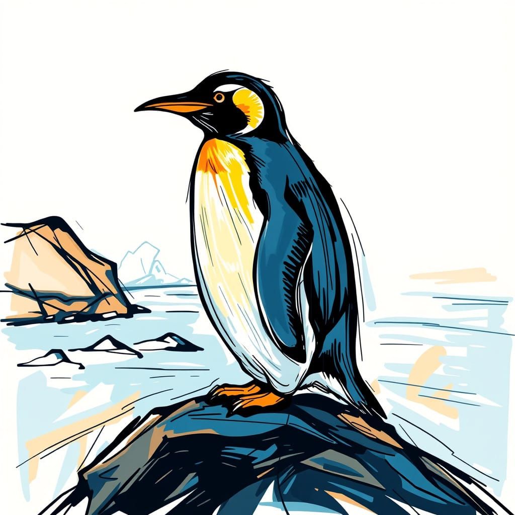 Penguin in Dynamic Cubist Style with Expressive Brushstrokes