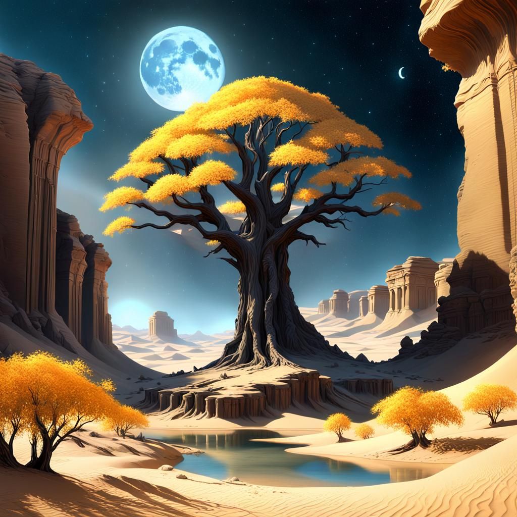 Golden Tree Oasis: Matte Painting in Desert