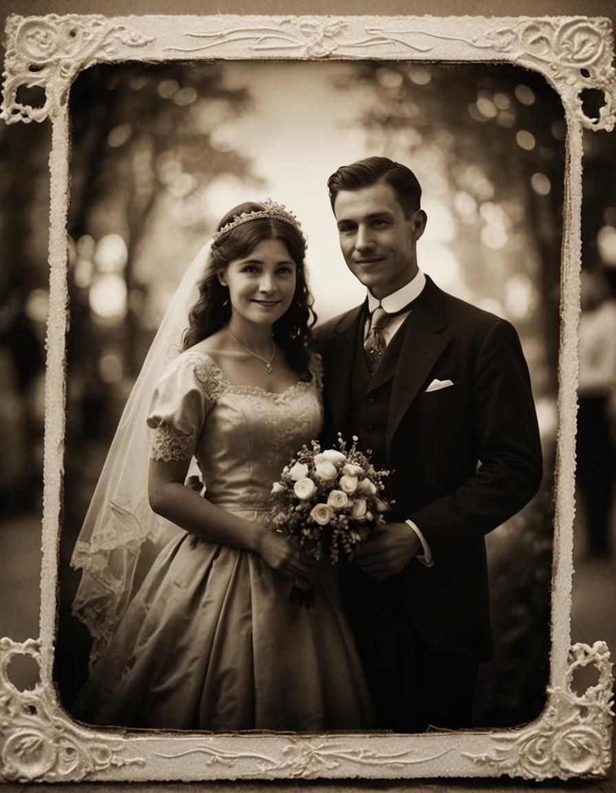 1900s wedding photo sepia, beautyful happy white couple, whi...