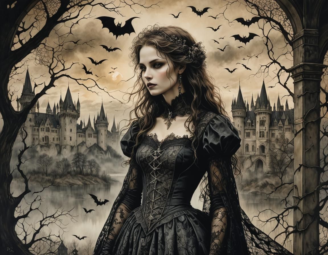 Vampire Silhouette with Bats and Filigree Castle