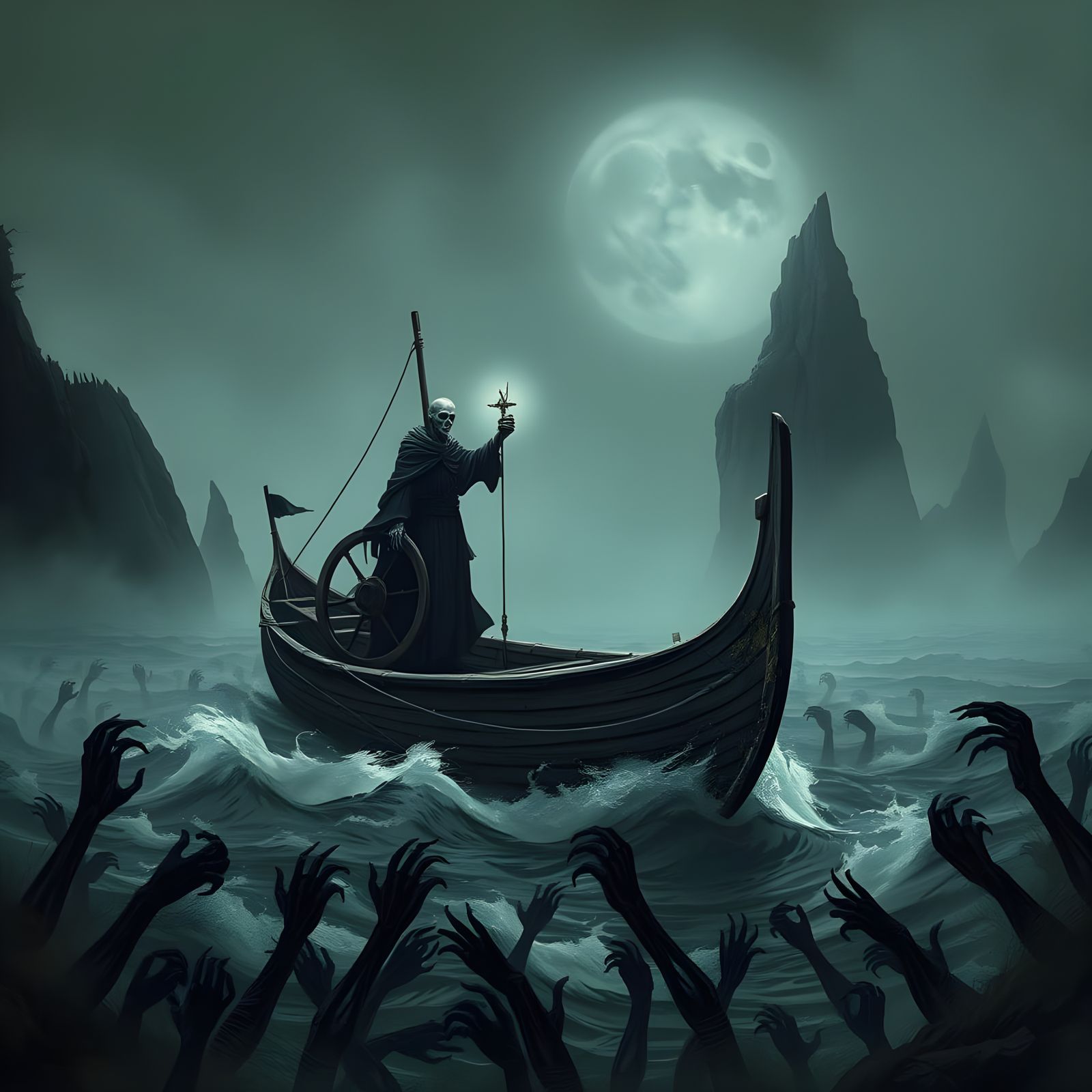 Spectral Ferryman Sails Ashen Waters of Despair