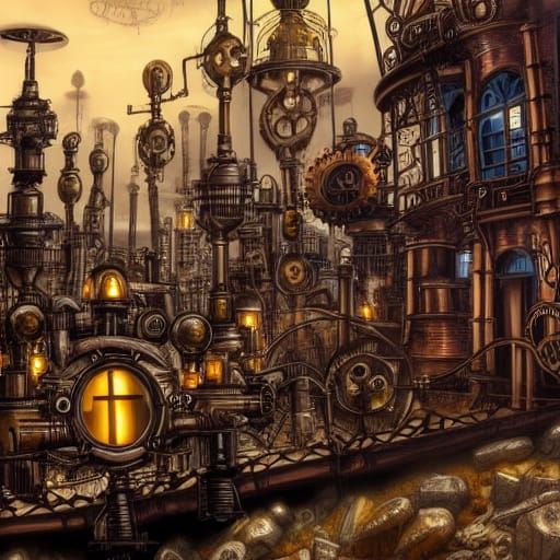 Detailed Steampunk Cityscape with Clockwork Engines