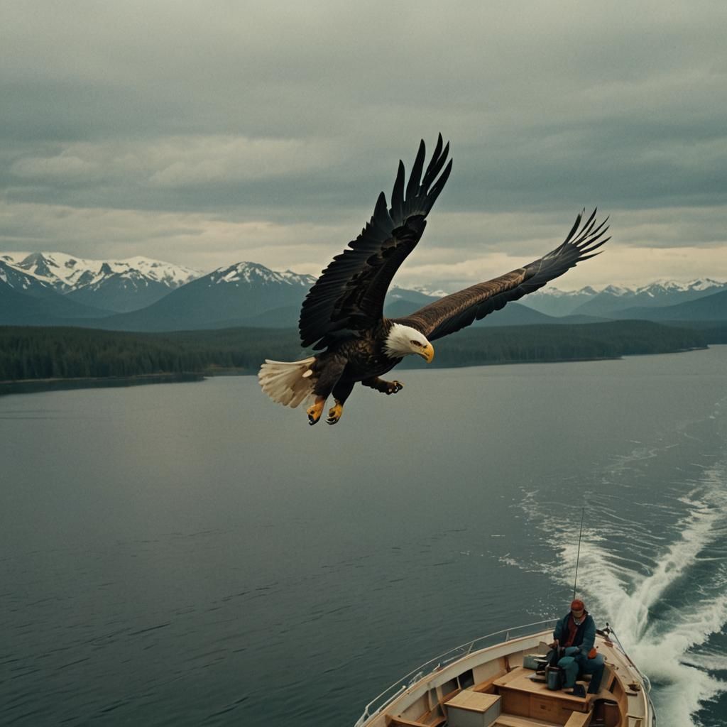 Dramatic Eagle Skimming Over Boat in Cinematic Style