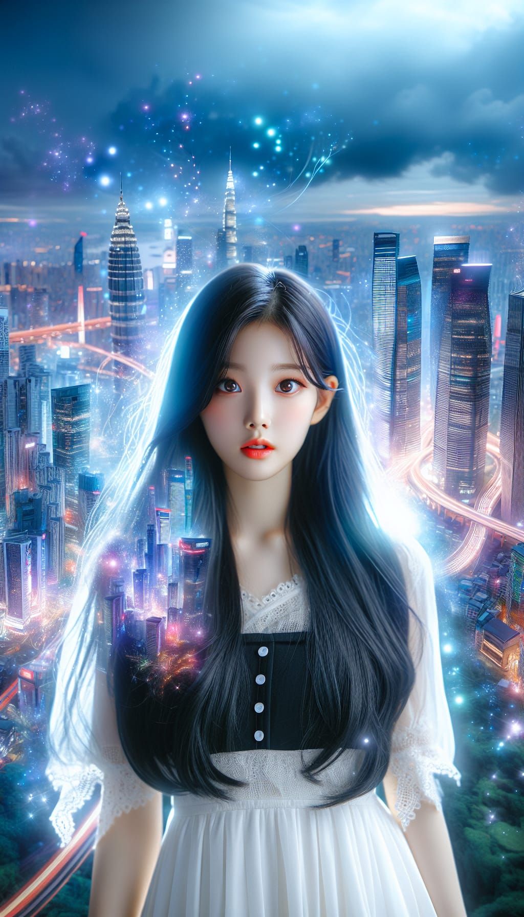 Korean Teenager in Fantasy City with Magic Aura
