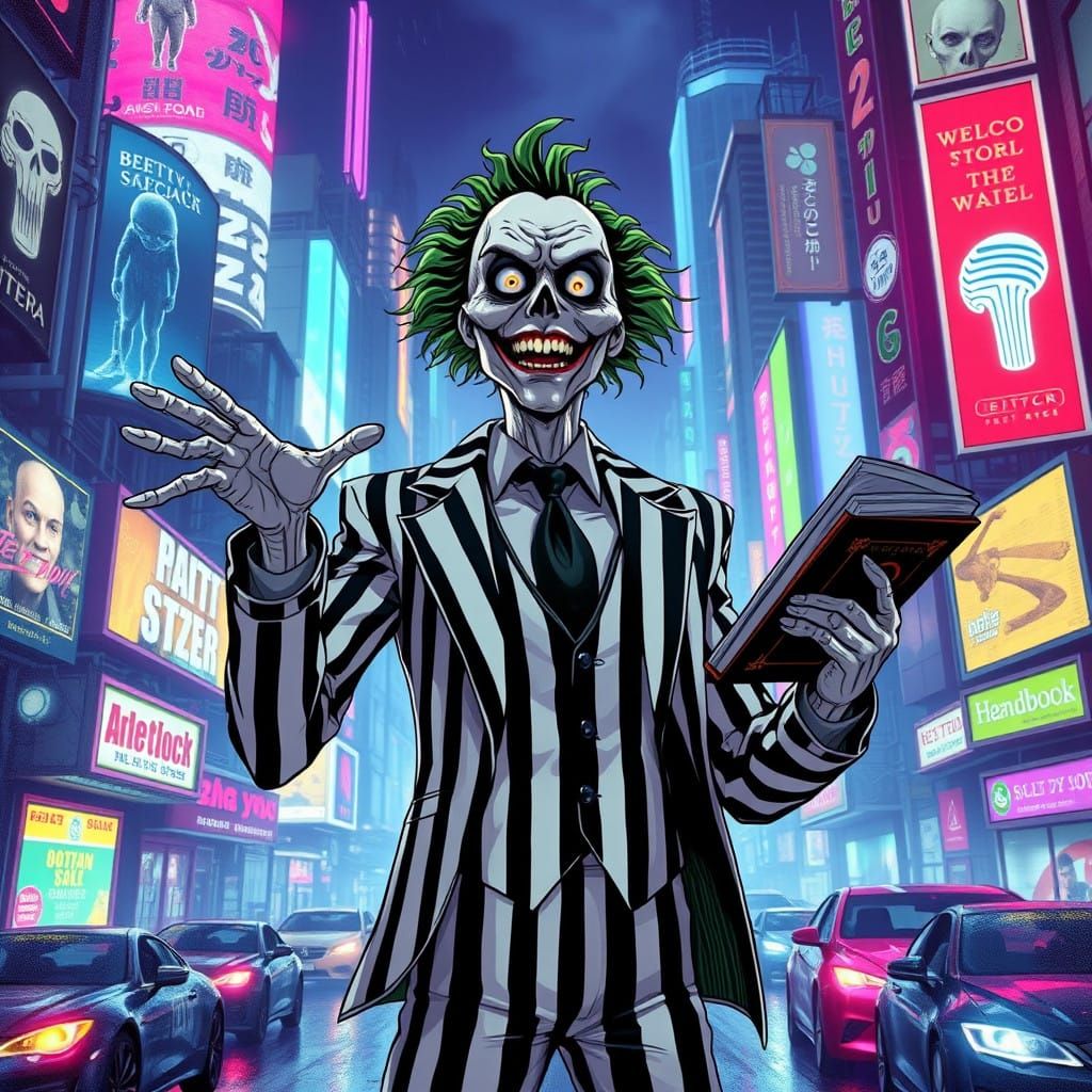 Cyberpunk Beetlejuice Reigns in Neon Dystopia