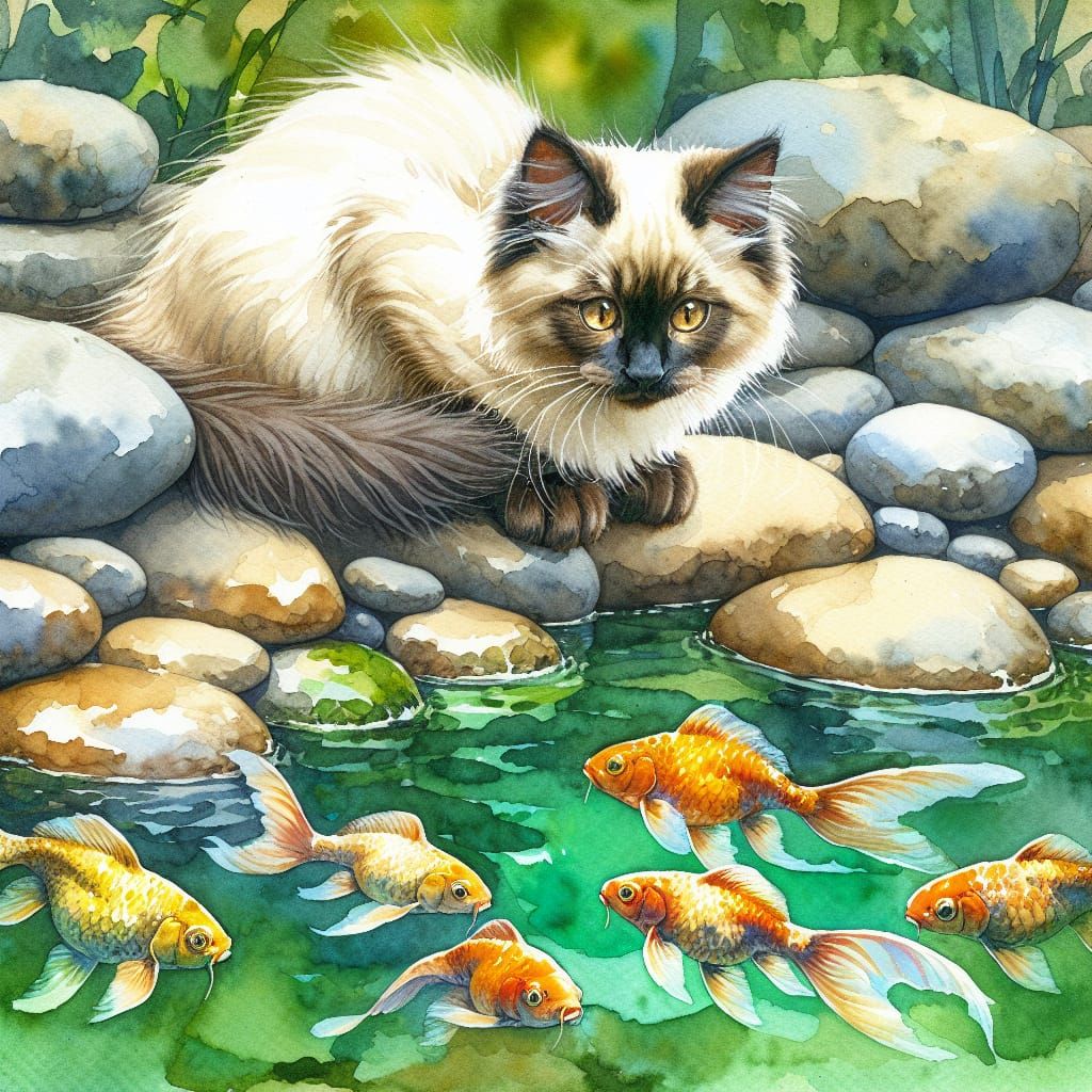 Siamese Kitten Watches Golden Goldfish in Serene Watercolour...