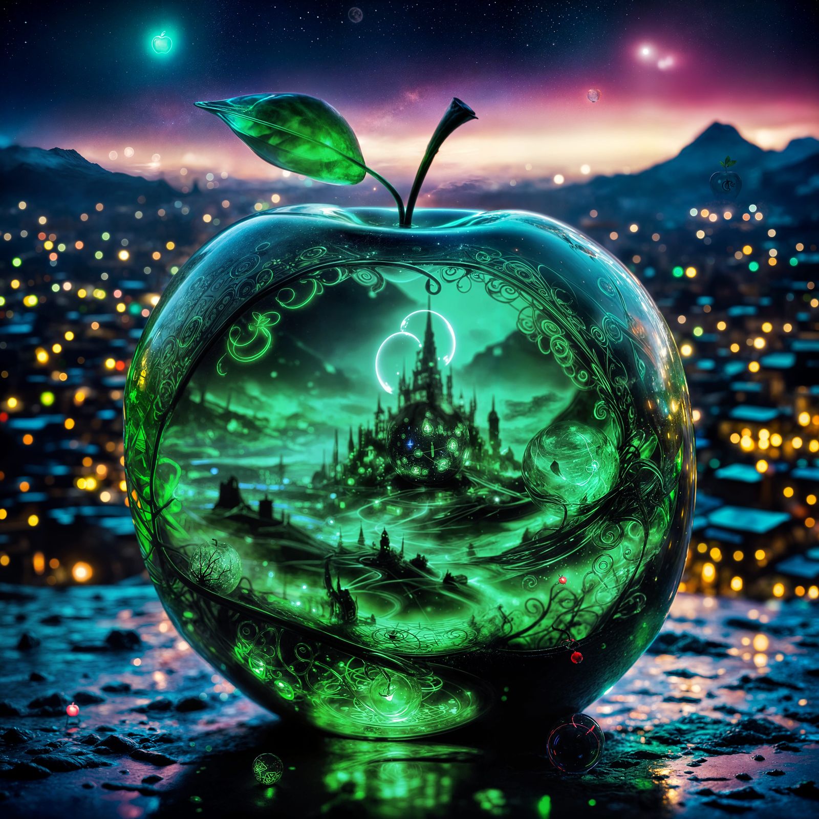 Green Glass Apple with Glowing Runes