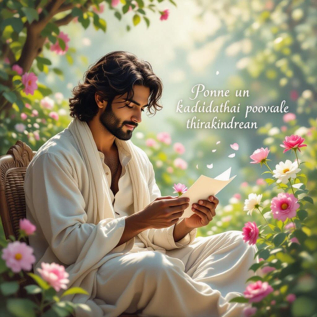 South Asian Man Opens Letter with Flower in Sunlit Garden