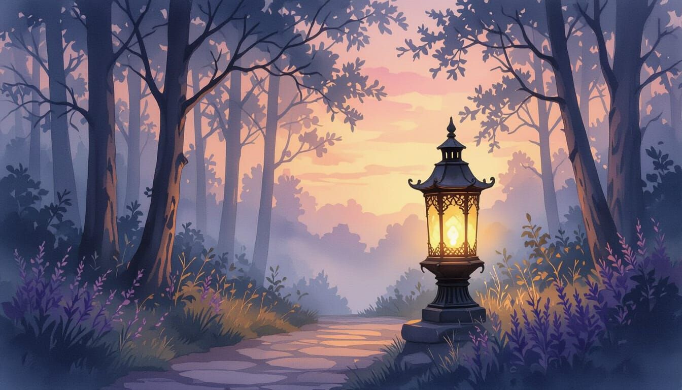 Golden Lantern Guides Through Misty Forest Twilight