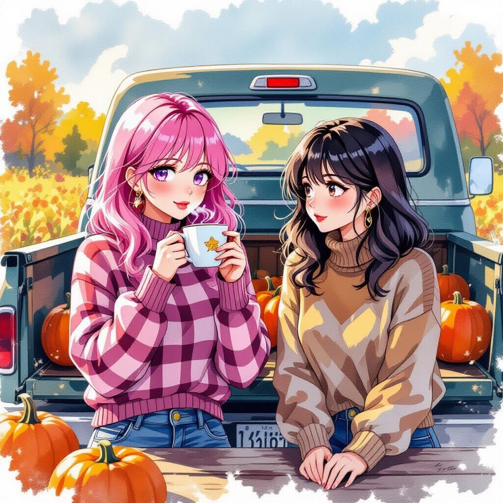 Women Enjoy Coffee in Truck at Pumpkin Patch