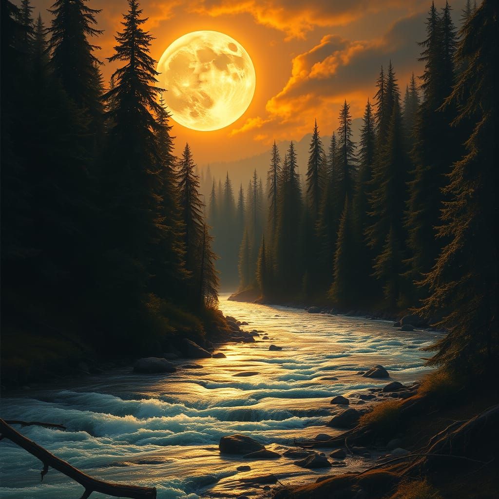 Moonlit Primeval Forest River Landscape in Dreamy, Ethereal ...