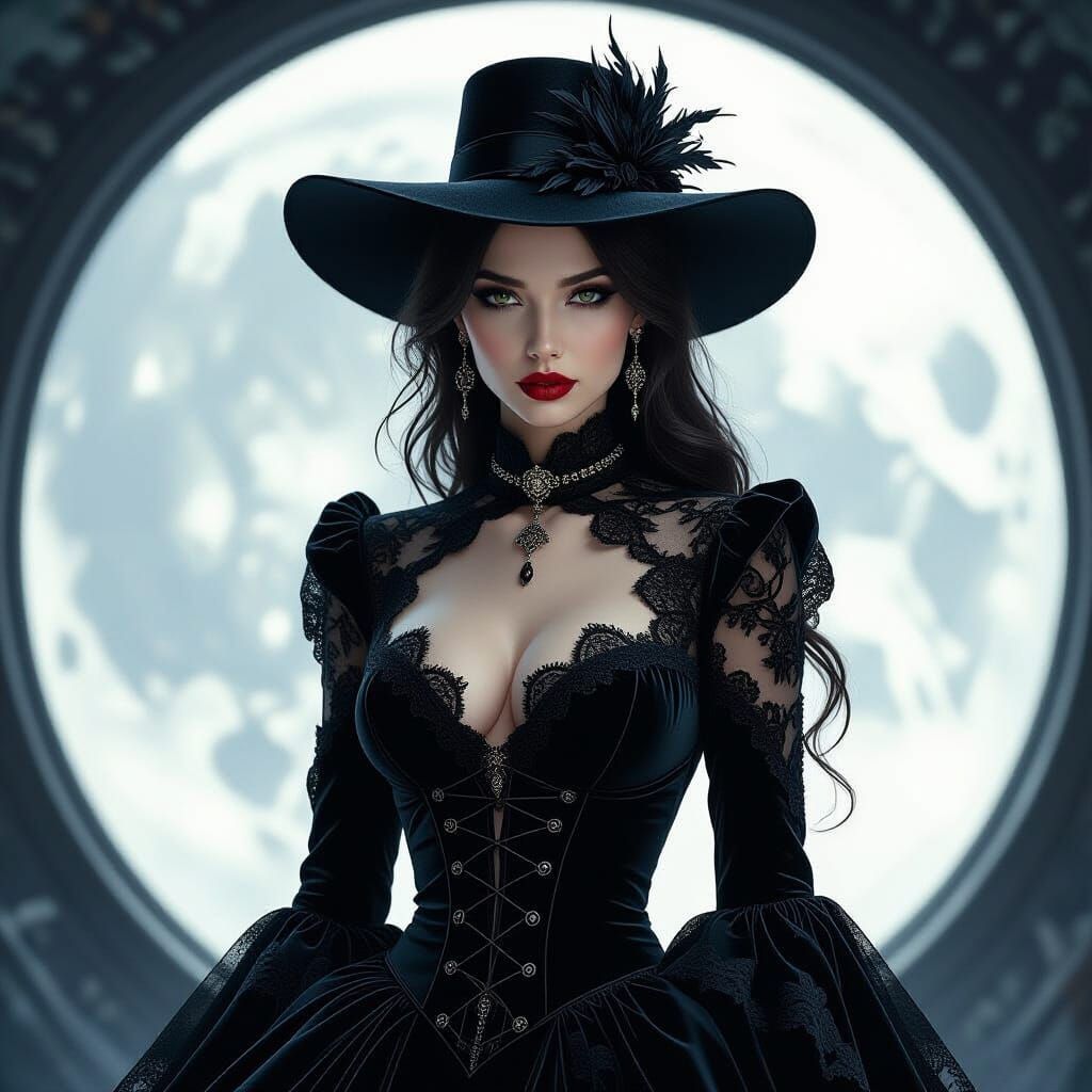 Gothic Glamour Girl in Moonlit Atmosphere