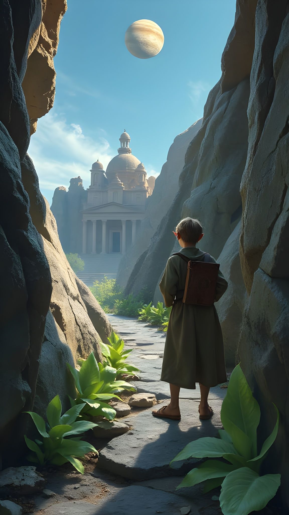 Young Elf Explorer on Rocky Path, Ghibli Style