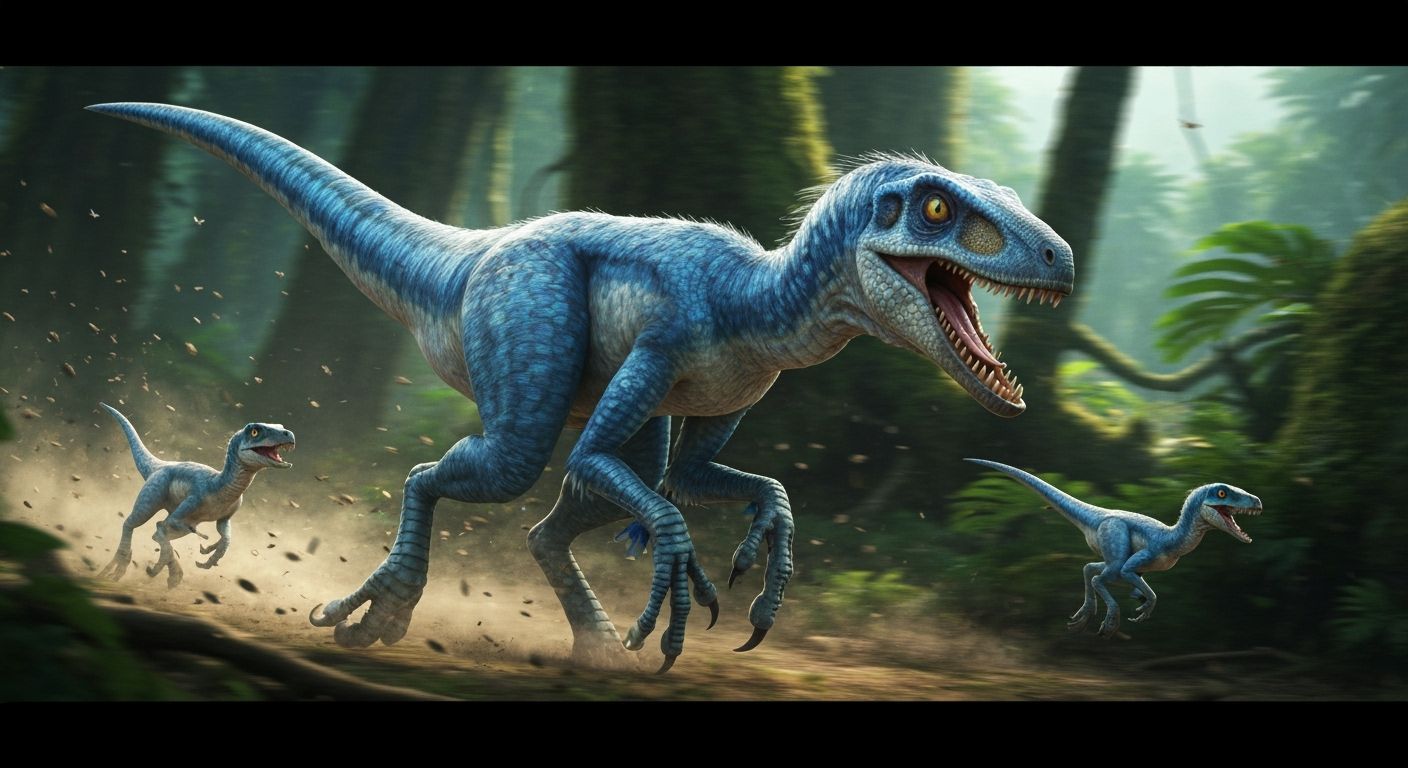Blue Feathered Raptor Hunts in Primitive Rainforest
