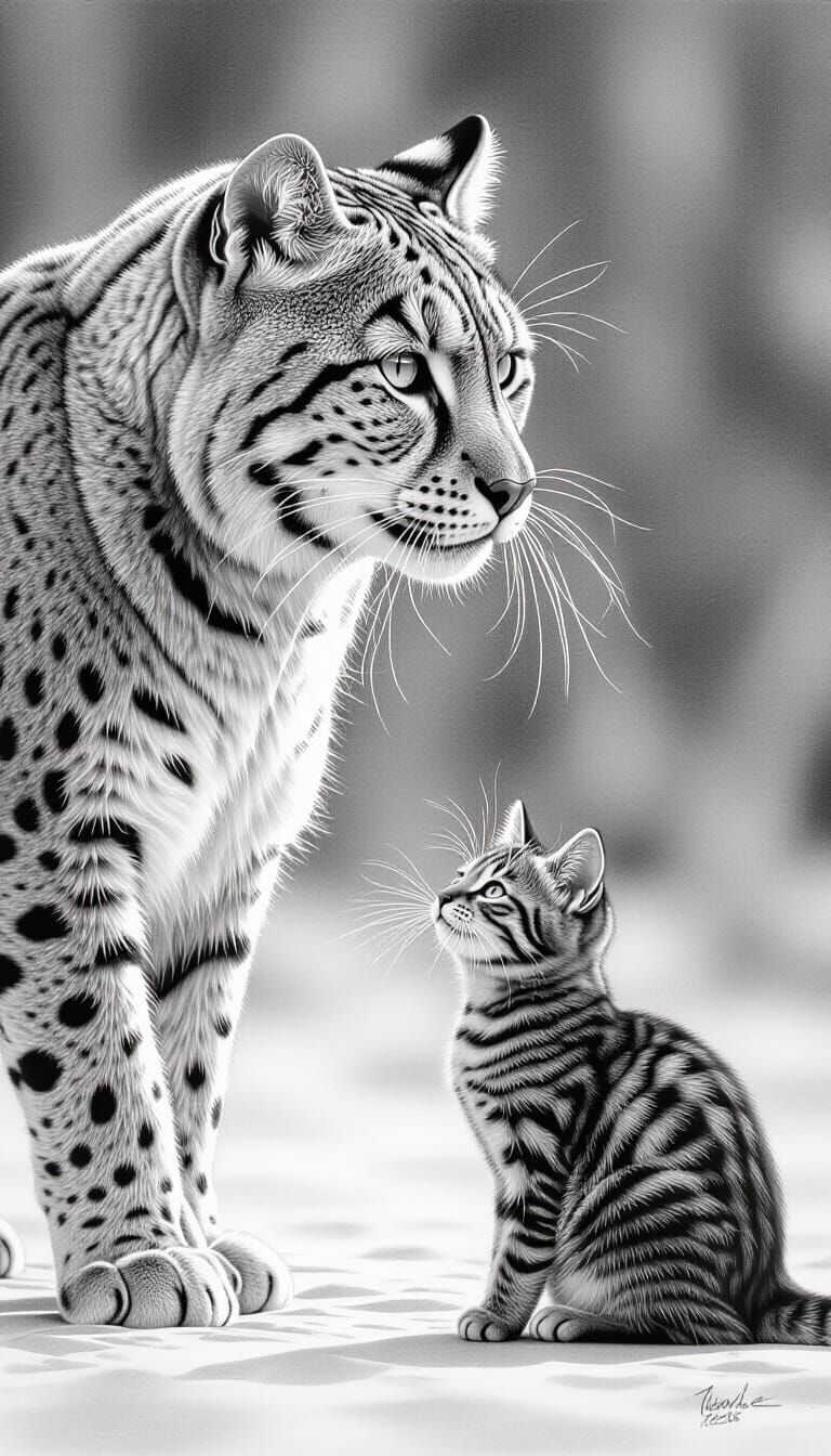 Sabertooth Cat Gazes at Domestic Cat in Charcoal Drawing