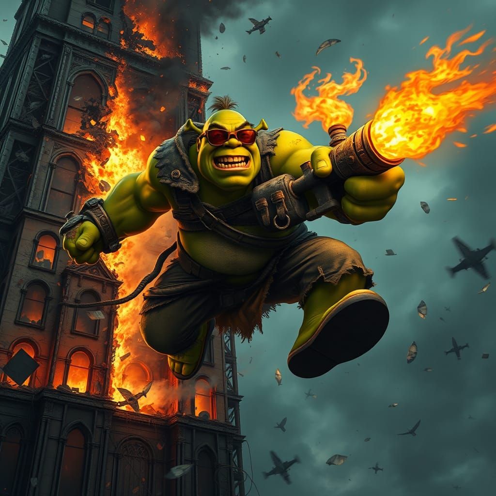 Shrek Leaps From Burning Skyscraper with Flamethrower