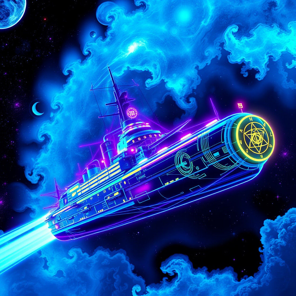 Dieselpunk Battleship Emitting Antimatter Aura in Ultraviole...