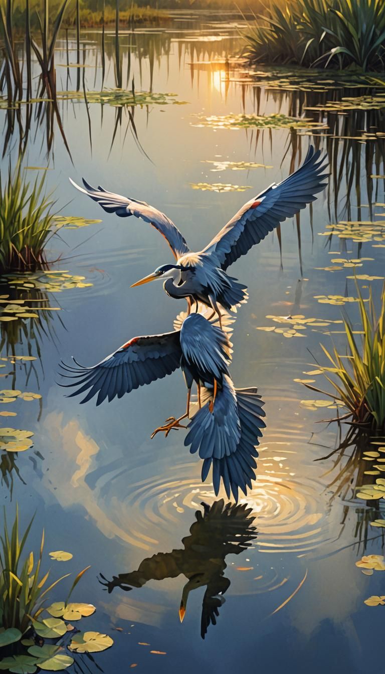 Heron Soaring Above Everglades: Watercolor Illustration