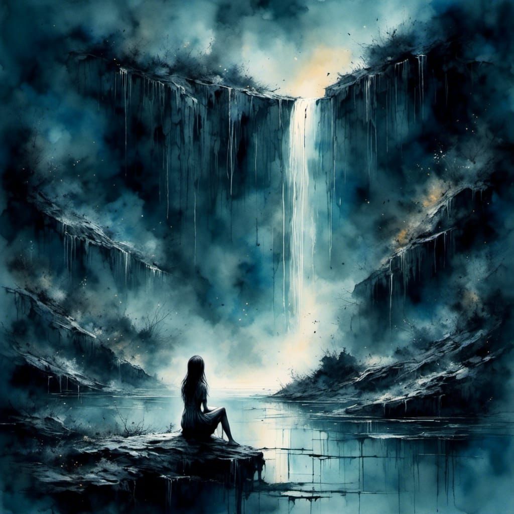 Lonely Girl by Waterfall: Watercolor Painting