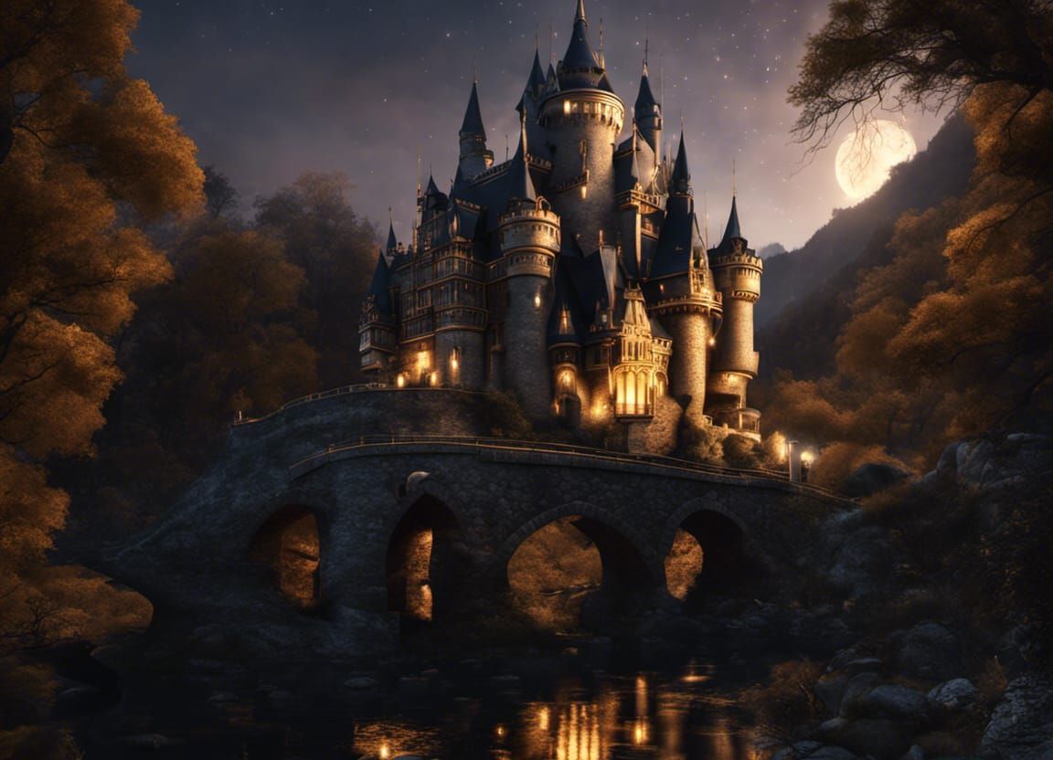 Nighttime Fairytale River Castle in Hyperrealistic 3D