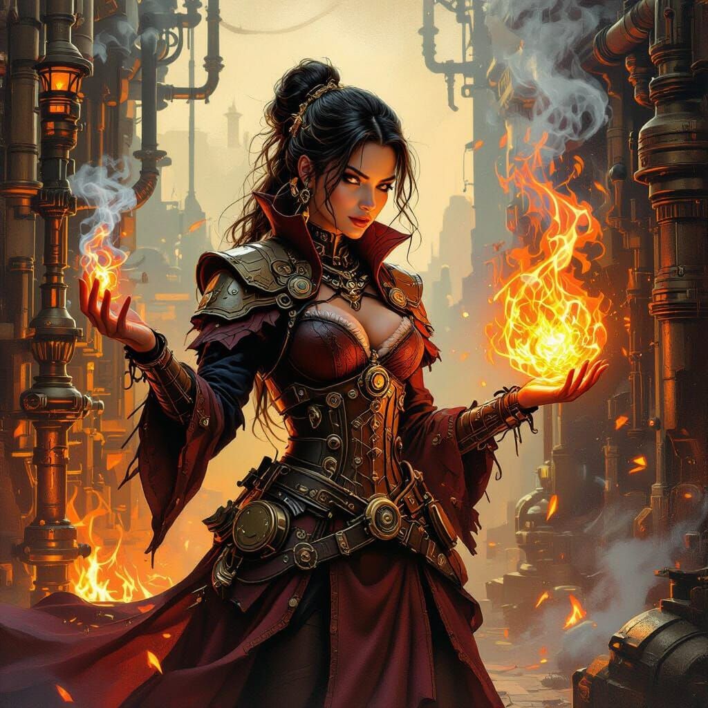 Steampunk Sorceress Casting Lava Magic as Oil Painting