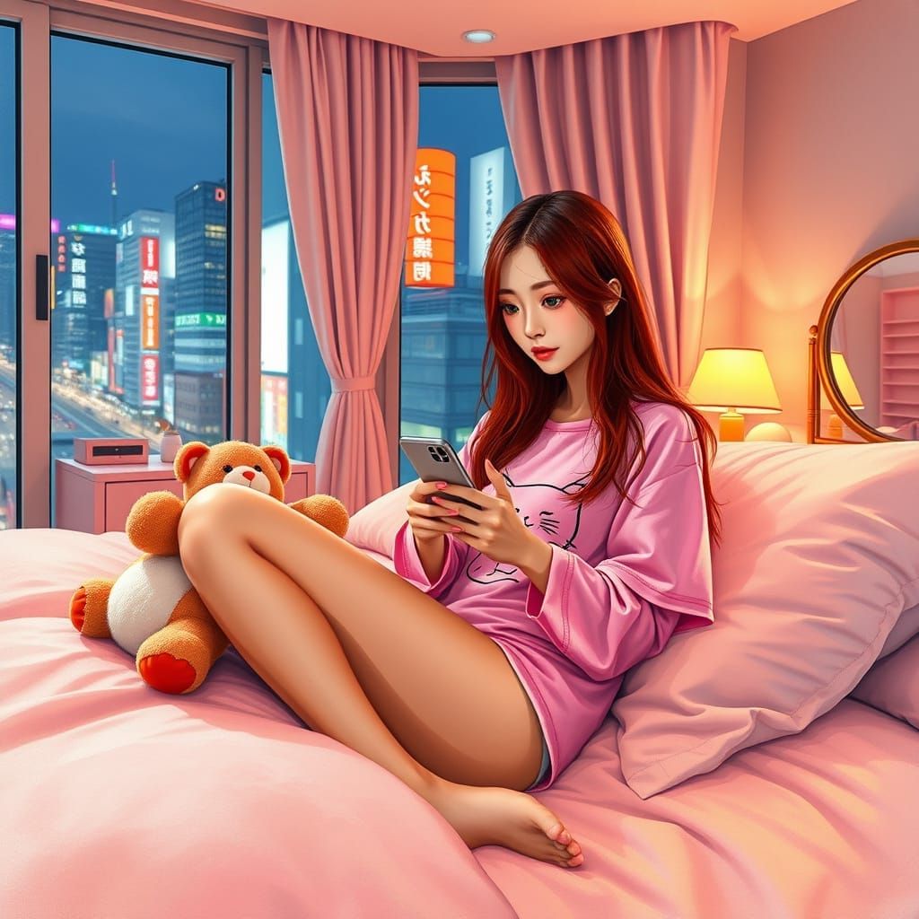 Soothing Japanese Woman in Pastel Bedroom at Night