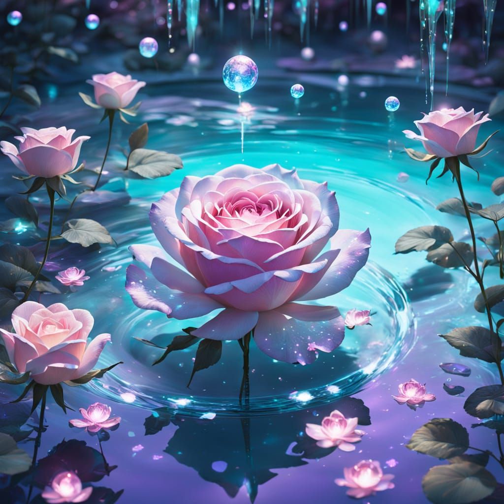 Luminous Crystalline Rose Over Pool of Light